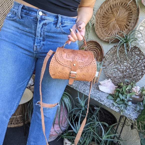 Vintage Handbags - Vintage Tooled Leather Bag Mini Satchel Crossbody Hippie Vibes Handmade